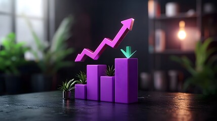 Poster - inventive purple corporate business diagram elevating on dark surface with mockup area for symbolic 