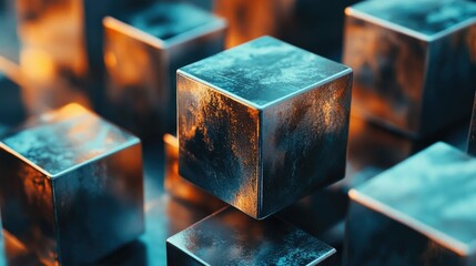 Poster - Abstract close-up of metallic cubes with a reflective surface, glowing under warm light, forming a dynamic and geometric visual effect.