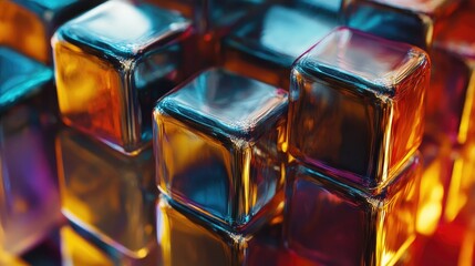 Poster - Abstract close-up of metallic cubes with a reflective surface, glowing under warm light, forming a dynamic and geometric visual effect.