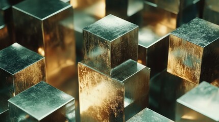 Poster - Abstract close-up of metallic cubes with a reflective surface, glowing under warm light, forming a dynamic and geometric visual effect.