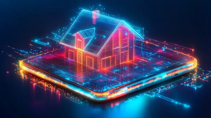 Poster - Smartphone displays glowing holographic house in futuristic technology setting
