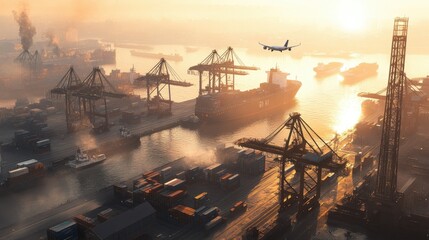 Aufkleber - An aerial view of a bustling shipping port with cranes unloading containers from ships, while a cargo plane flies in the distance during early morning light.