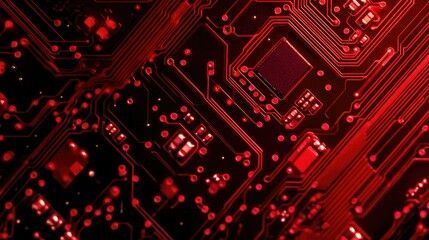 Poster - Detailed shot of a circuit board with neon red traces and microchips, highlighting advanced electronics and design.