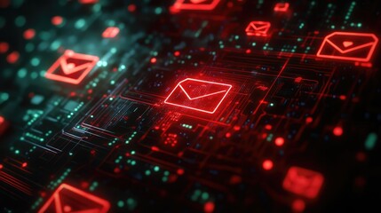 Fototapete - Red email icons lighting up a dark circuit board, representing the flow of digital messages and communication across technological networks.