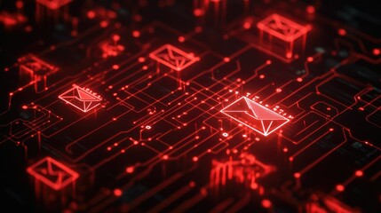 Fototapete - Red email icons lighting up a dark circuit board, representing the flow of digital messages and communication across technological networks.