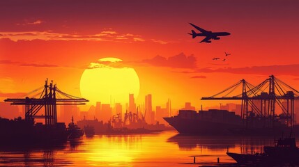 Aufkleber - The sun rising over a busy port with cranes lifting containers onto a large cargo ship, while a cargo plane flies above, representing the synergy of air and sea freight.