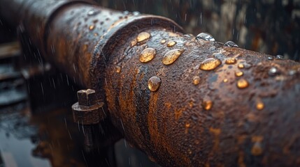 Aufkleber - Water droplets cling to an old, rusty pipe, creating an industrial, moody scene that speaks to time and wear.