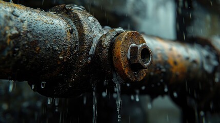 Aufkleber - Water droplets cling to an old, rusty pipe, creating an industrial, moody scene that speaks to time and wear.