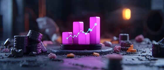Poster - Sleek futuristic purple infographic chart in a dimly lit industrial style setting designed for data driven financial analytics and strategic planning  The cinematic 3D rendering creates a high tech