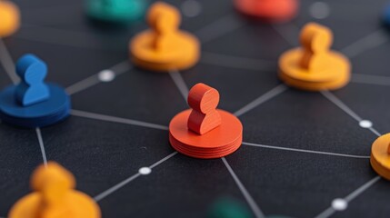 Poster - Colorful game pieces connected by lines on a black background, symbolizing networking, collaboration, and communication in a strategic or social context.