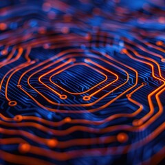 Poster - A vibrant, close-up view of a circuit board featuring intricate patterns of blue and orange lines, highlighting technology and connectivity.