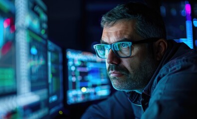Poster - A focused individual analyzes data on multiple monitors in a dimly lit environment, showcasing a high-tech, digital workspace.