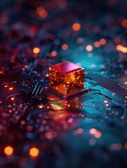 Poster - A vibrant close-up of a microchip on a circuit board, illuminated with red and orange lights, showcasing advanced technology and intricate details.