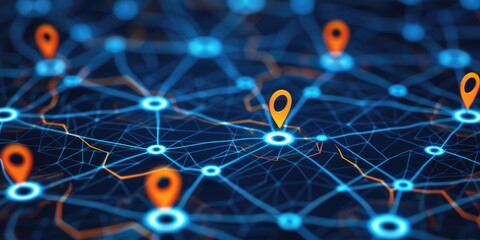Poster - A digital network with glowing nodes and orange location markers, representing connectivity and data exchange.