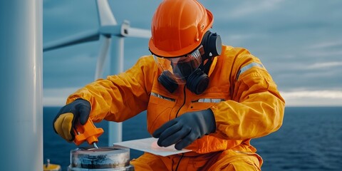Poster - Technician in full body safety suit and helmet performing routine inspection and maintenance on an offshore wind turbine against a backdrop of the open sea and dramatic sky