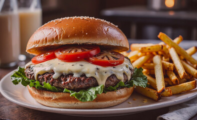 Poster - Cheeseburger with lettuce and tomato on top of a bun. A side of french fries