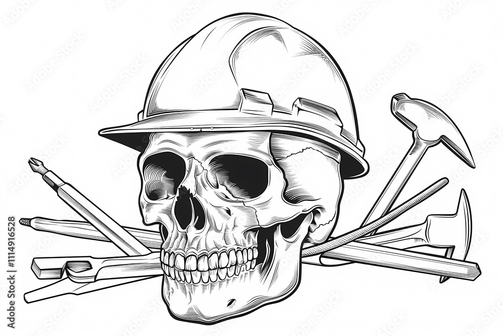 A detailed illustration of a skull wearing a hard hat, surrounded by ...