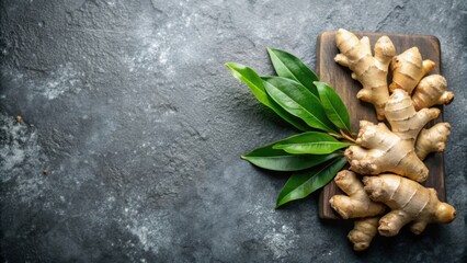 Wall Mural - Fresh ginger with leaves on a stone board , ginger, leaves, herb, stone board, food, ingredient, organic, healthy, natural, fresh