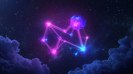 Poster - A vibrant, glowing network of nodes and lines resembles a constellation against a backdrop of space, clouds, and stars. Pink and blue hues dominate the cosmic scene.