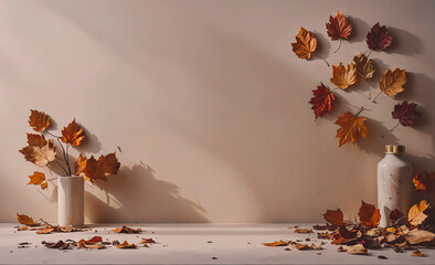 Poster - White vase with a yellow lid sits on a table. The vase is empty. There are many leaves on the table