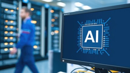 Poster - A computer displaying an AI logo in a data center with a person walking in the background.