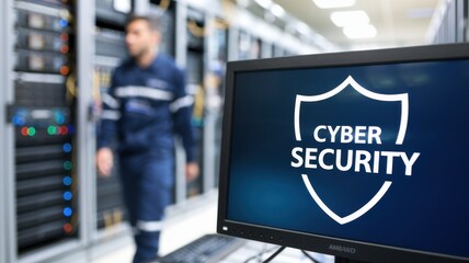 Poster - Image of a cybersecurity monitor with a server room in the background.