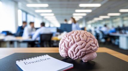 Poster - A brain model next to a notepad labeled 