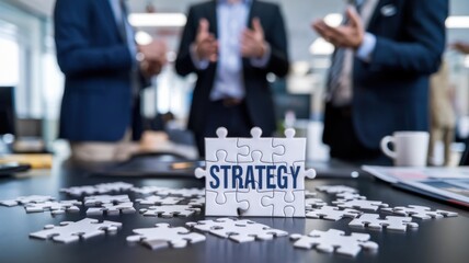 Poster - A business meeting with a focus on strategy, featuring puzzle pieces and discussions.
