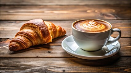 Wall Mural - Cappuccino coffee with espresso shot and a croissant on a cozy table , breakfast, coffee, cafe, morning, food, beverage