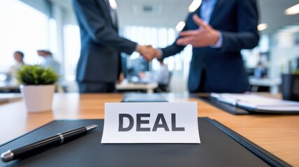 Poster - A handshake signifies a business deal, with a focus on a 