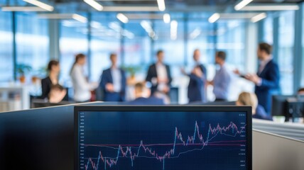 Poster - Office scene with a financial chart and professionals discussing in the background.