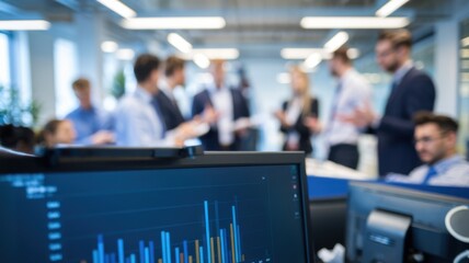 Poster - Office scene with professionals discussing data and analytics, showcasing teamwork and collaboration.