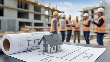 Poster - Construction site with a model house and blueprint, showcasing project planning.