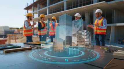 Poster - Construction site with augmented reality model of buildings and workers in safety gear.