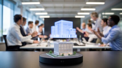 Poster - A model building is showcased in a business meeting with participants discussing its design.