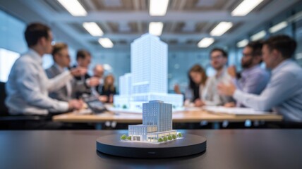 Poster - A business meeting discussing a building model, focusing on urban development.
