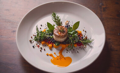 Poster - White plate with a delicious looking dish on it. The dish has a sauce that is orange in color and is spread across the plate. The plate is placed on a wooden table
