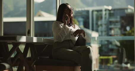 Aufkleber - Corporate, negotiation and phone call with business woman in office boardroom for communication. Conversation, discussion or update on mobile with employee in city workplace for property development
