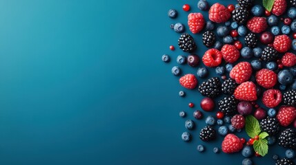 Canvas Print - Berries of various types are scattered on a dark blue surface, presenting a colorful and fresh composition ideal for culinary uses