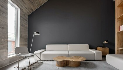 Wall Mural - Grey attic living room interior showcases a chic sofa with soft cushions and a cozy ambiance