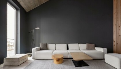 Wall Mural - Grey attic living room interior offers a stylish sofa with soft cushions and a relaxing atmosphere