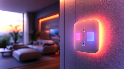 Poster - Holographic display of a smart light switch in a modern living room at sunset