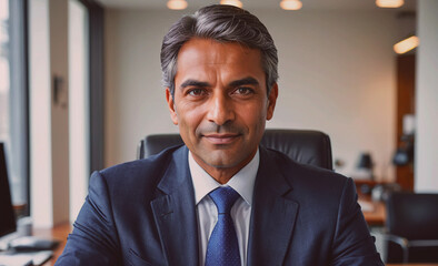 Poster - Man wearing a suit and tie is sitting in a chair. He is smiling and looking at the camera
