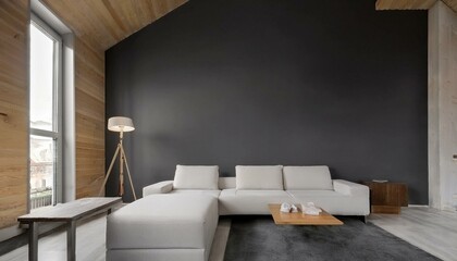 Wall Mural - Grey attic living room interior offers a stylish sofa with soft cushions and a relaxing atmosphere