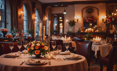 Poster - Table with a vase of flowers and candles on it. There are several wine glasses and wine bottles on the table