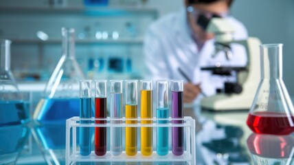 Aufkleber - a laboratory scene with test tubes, a microscope, and a scientist conducting experiments.