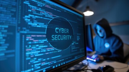 Aufkleber - a dark room with computer screens displaying code, emphasizing cyber security.
