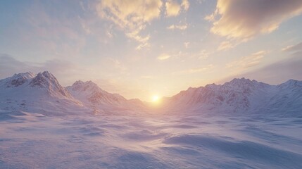 Poster - A breathtaking view captures the sun setting behind majestic snow-capped mountains. The serene atmosphere evokes warmth against the crisp cold of winter, creating a stunning contrast in colors