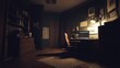 © milenialdesastudio - Dark, dimly lit home office with desk, chair, bookcase, and documents on the walls.