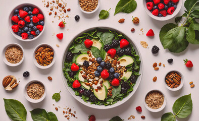 Aufkleber - Bowl of salad with nuts and berries on a table. There are several bowls of nuts and berries on the table